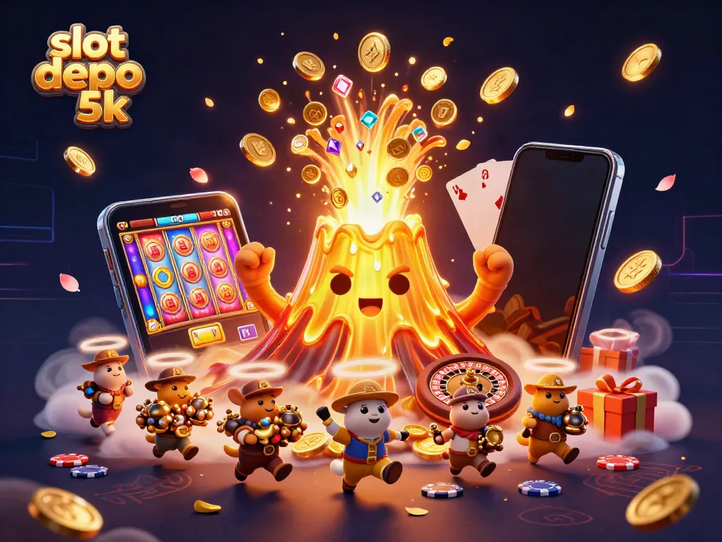 Engage with the immersive slot depo 5k experience, featuring golden volcanoes and exciting slot game elements.