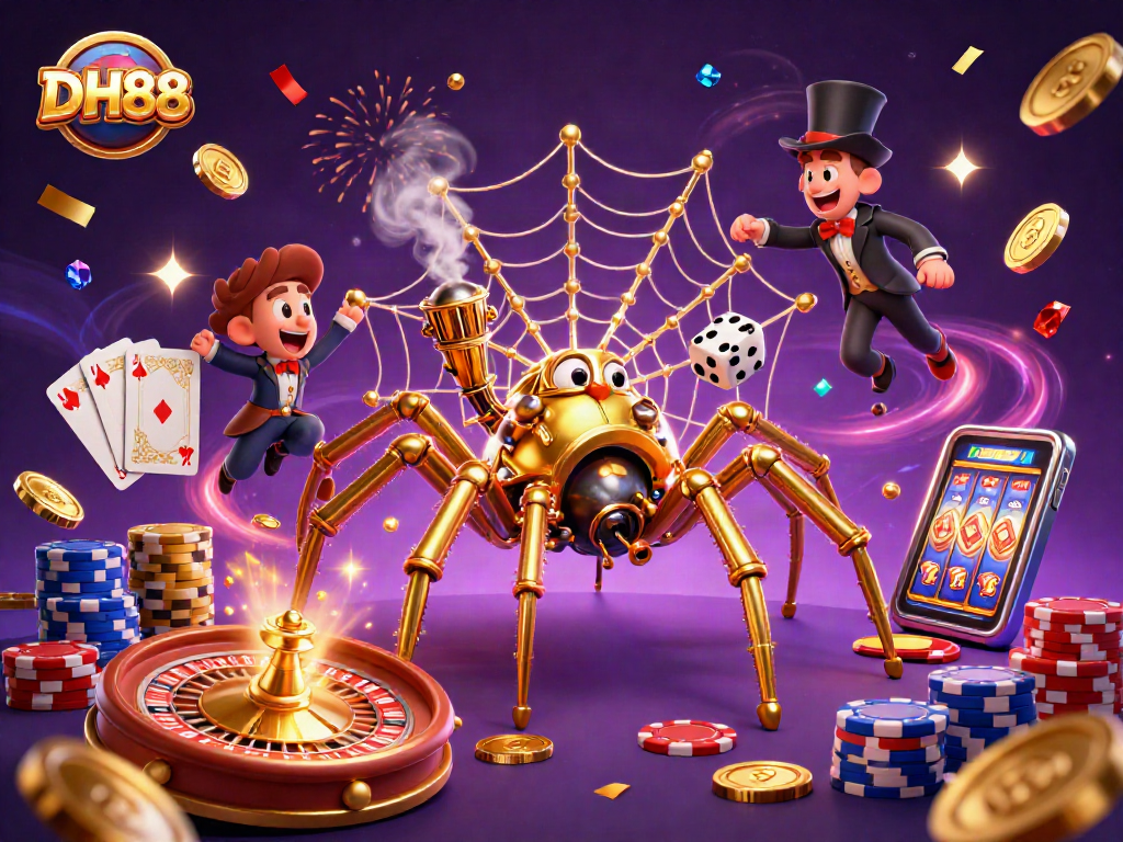 DH88-inspired 3D steampunk casino scene showcasing a golden spider web and vibrant games.