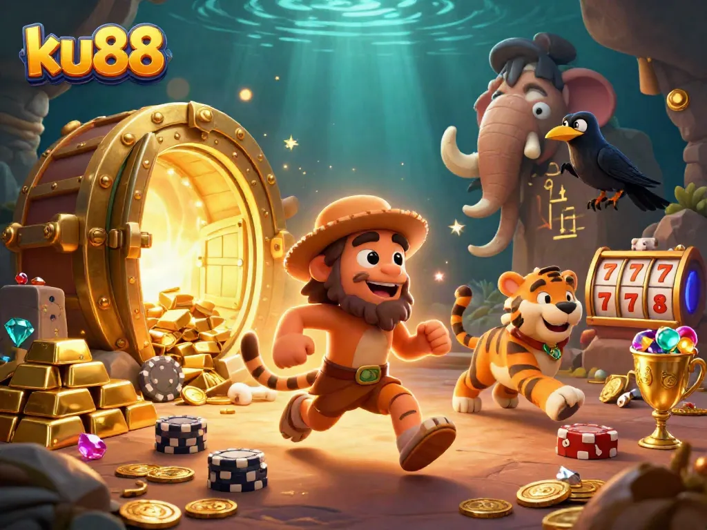 ku88 showcases a unique casino scene with a caveman duo and slot elements, offering a rich gambling experience.