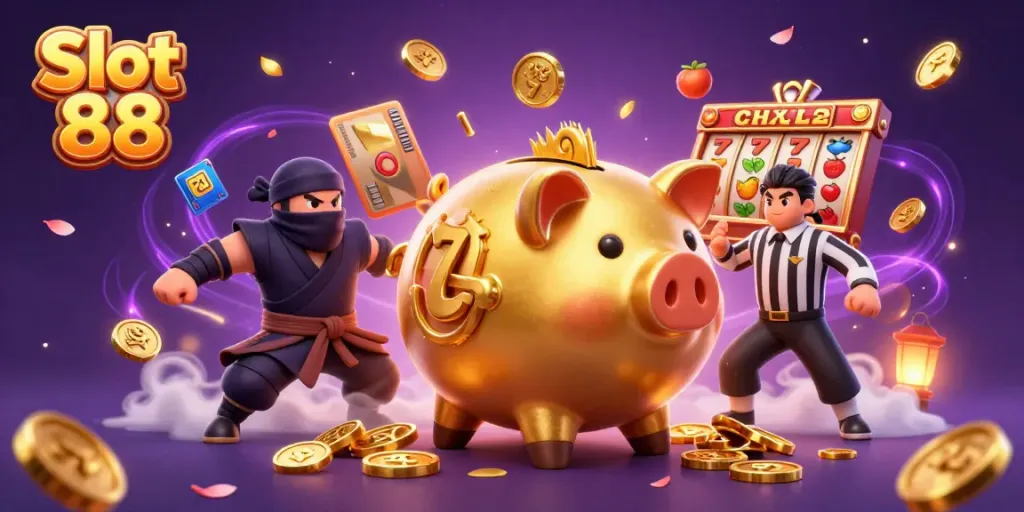 Spin the reels with Slot 88, featuring a golden piggy bank sumo wrestler surrounded by jackpots and coins.
