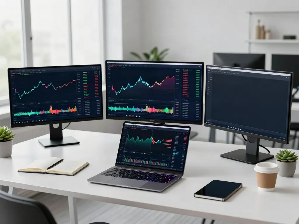 Real-time stock API integration with a modern crypto trading desk, showcasing 股票行情接口, screens displaying market data and technical charts.