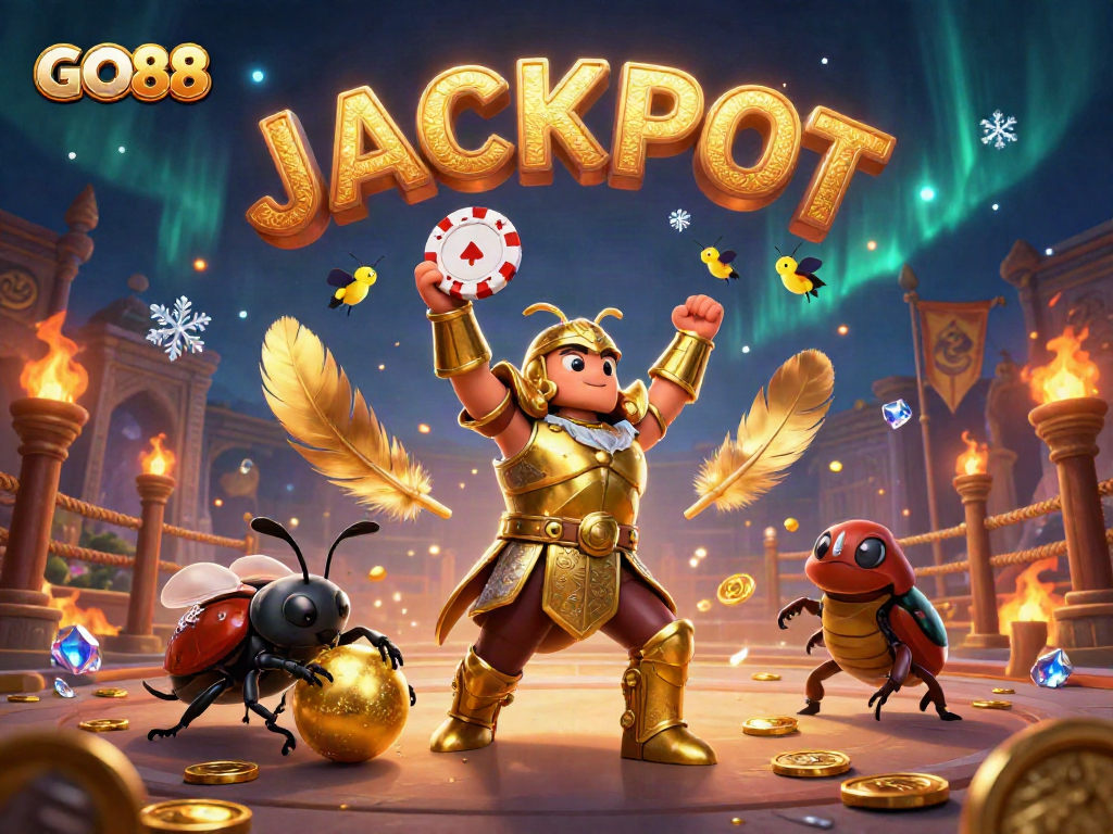 Spin to win at GO88 with the herculean beetle at the poker table in a lively casino scene.