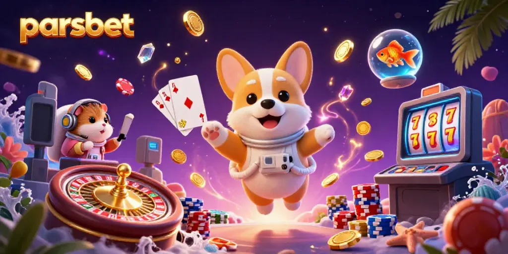 parsbet ile uzay istasyonu kasino ortamında dönen poker çipleri ve altın paralarla dolu animasyon