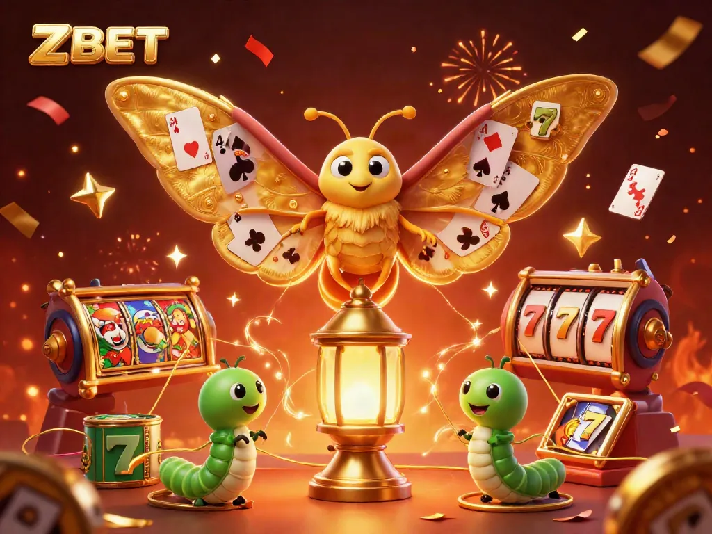ZBET offers dynamic gameplay with engaging slot reels and golden moths celebrating over jackpot counters.
