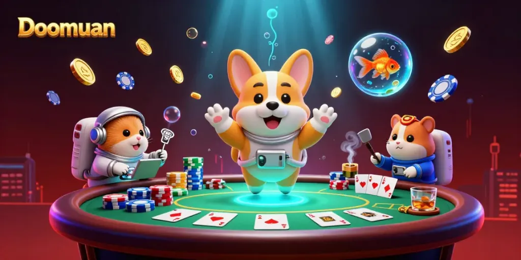 Doomuan's exciting floating casino scene features a corgi astronaut and mission-control hamster amidst poker chips.