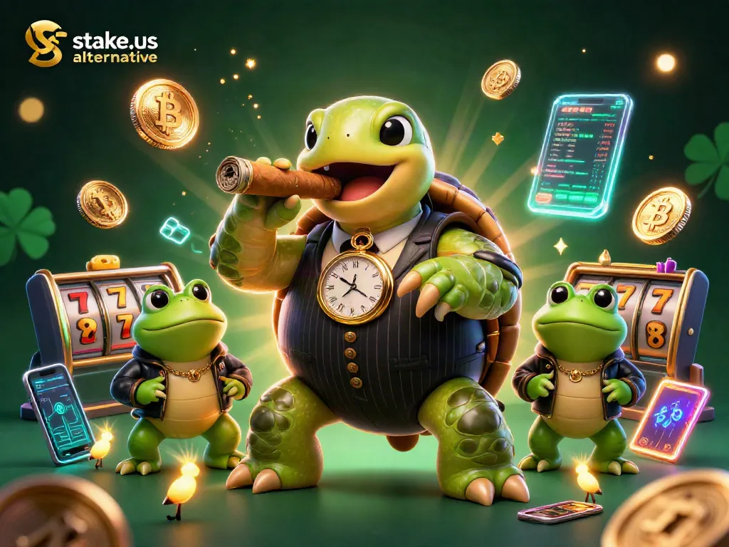 Engage with top stake.us alternatives in a vibrant 3D casino scene, featuring iconic characters.