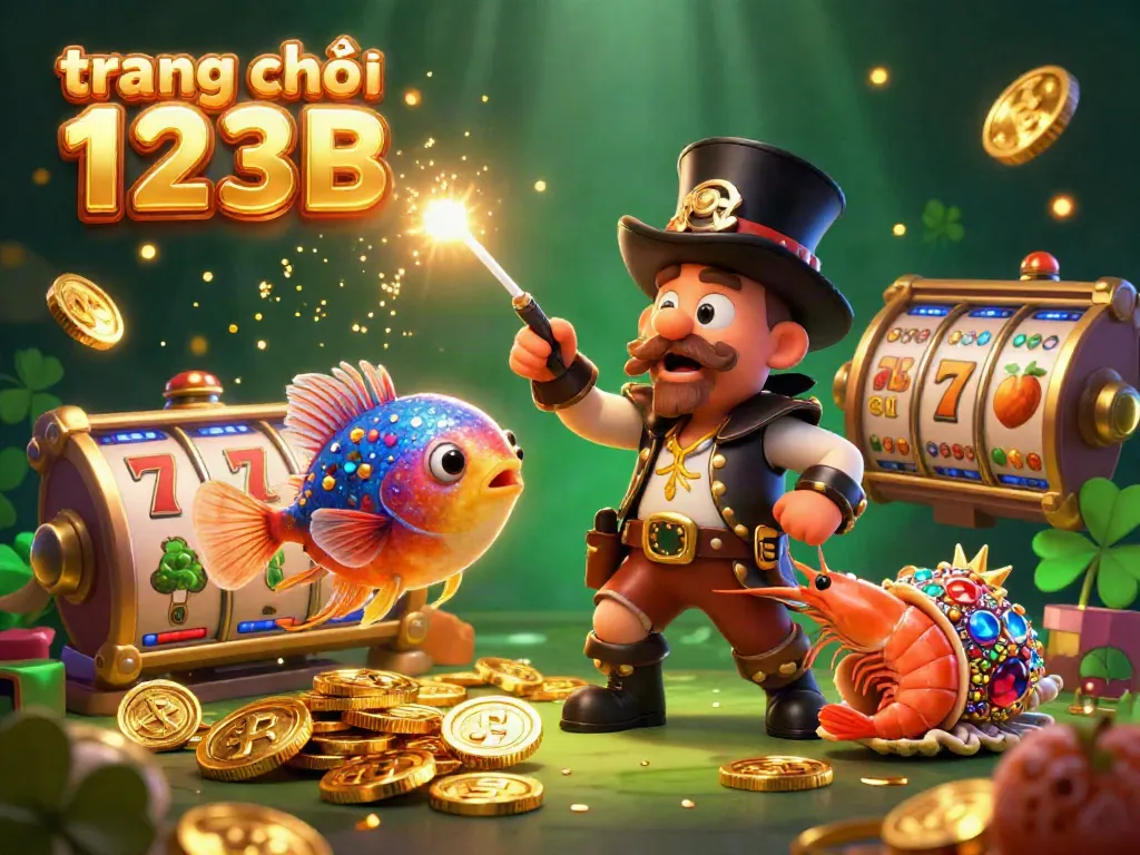 Engage with thrilling slots on trang chủ 123B featuring lively characters and glowing gold coins in a vibrant casino scene.