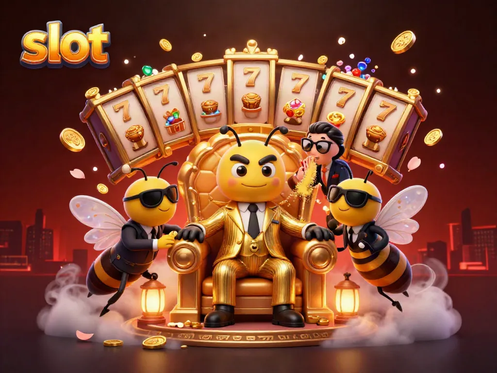 Slot mesin memikat dengan bumblebee bos mob di tahta, dikelilingi harta karun.