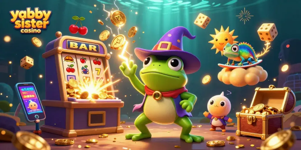 Spin to win with the yabby sister casino, featuring golden coins and vibrant characters!