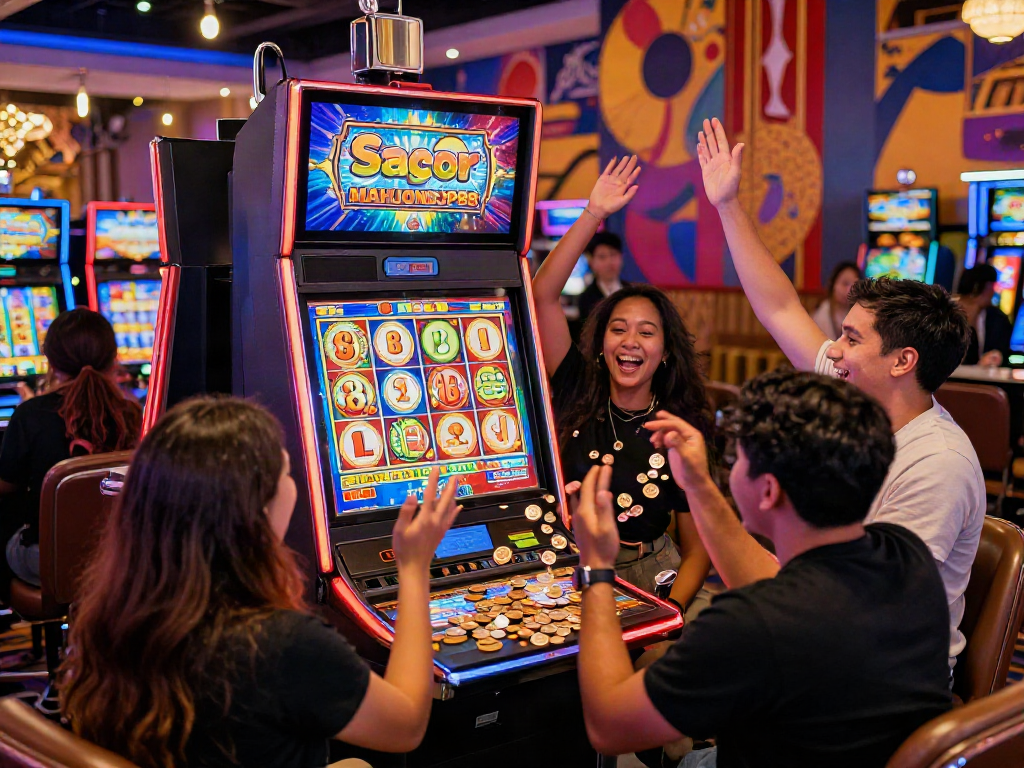Thrilling players enjoying Slot Gacor MAHJONGJP88 at a colorful casino.