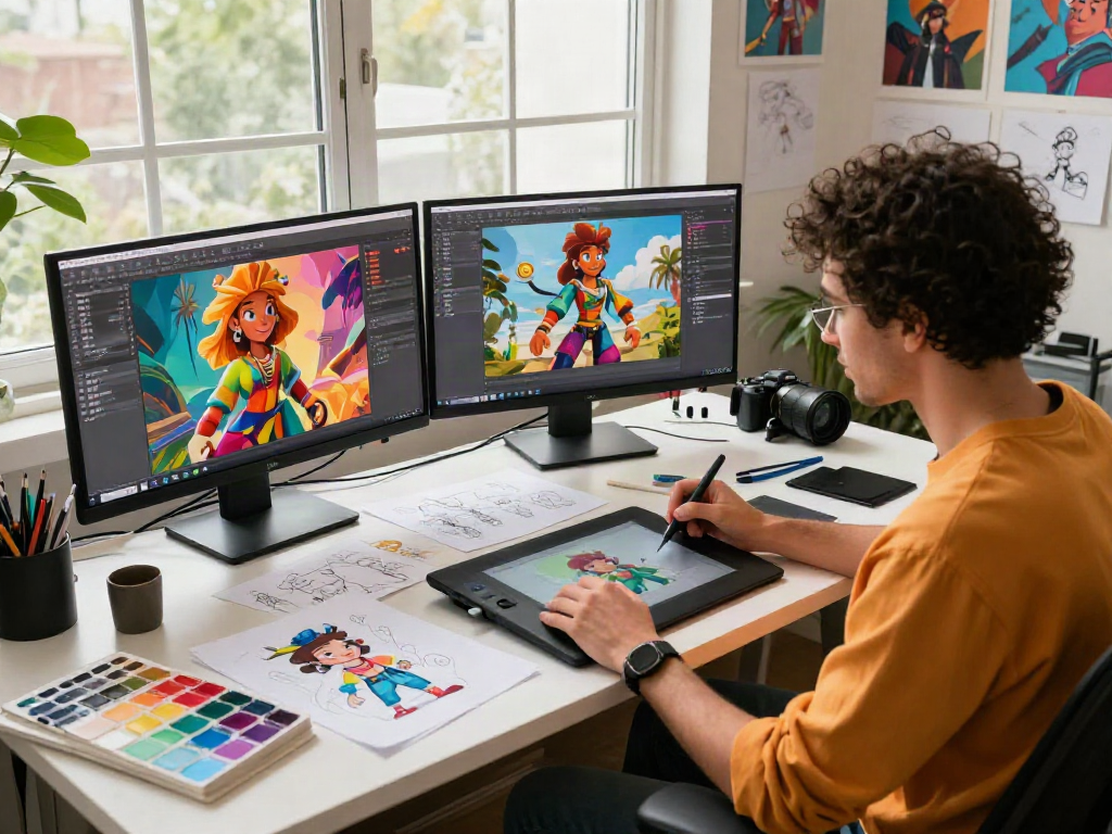 Character AI NSFW design studio with vibrant sketches and monitors.