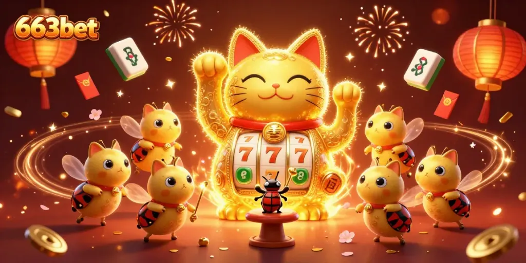 Engage with 663bet through a vibrant 3D casino scene showcasing varied symbols and characters.