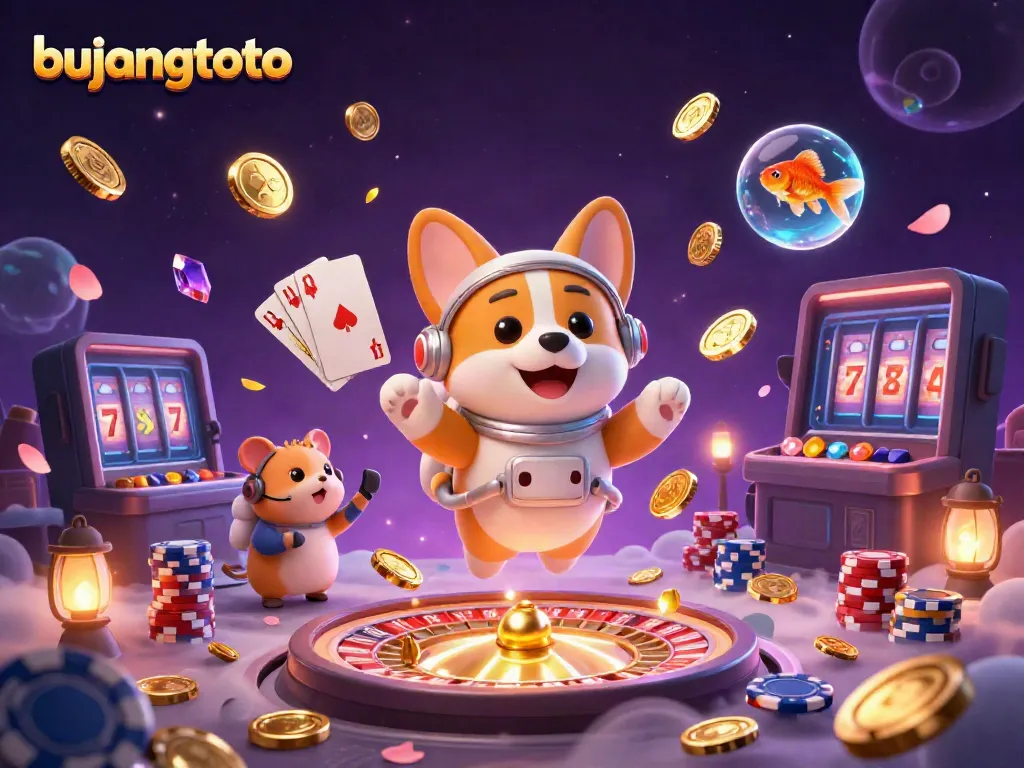 Experience vibrant gaming thrills with bujangtoto through an engaging 3D cosmic casino scene.