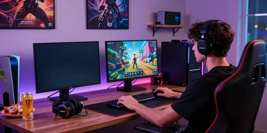 Immersive gaming experience with luxury333 setup featuring high-tech monitors and snacks