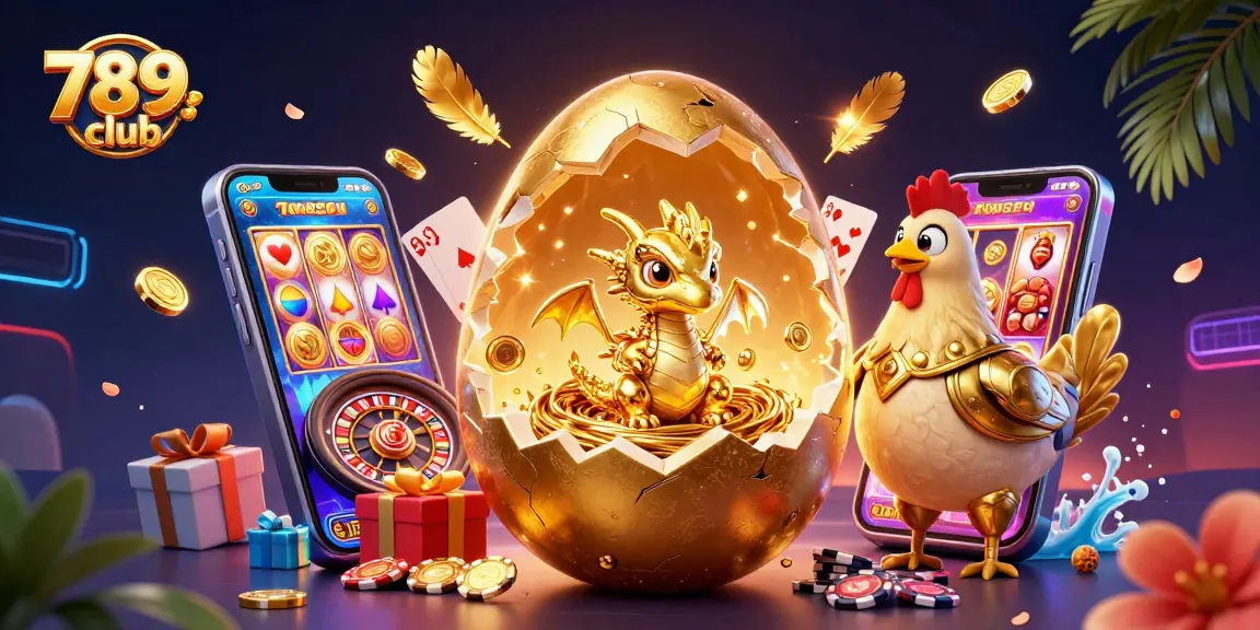 Engage with 789club's exciting games featuring a golden dragon amidst slots and poker chips.